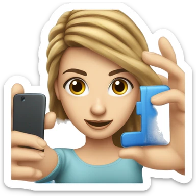 Uma garota de cabelos loiros e olhos azuis, segurando um celular fazendo selfie sticker