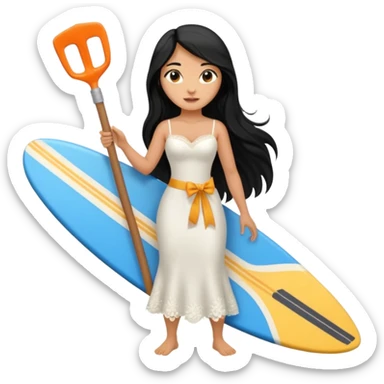 Bride black long hair holding her phone and long shovel with another hand. Under her feet, there is one surfing board. sticker