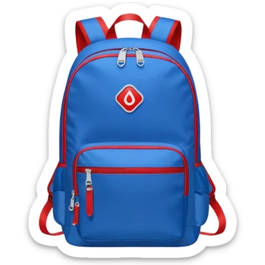 blue backpack with two diveded logo (leftside white, right side red) at the bottom pocket

 sticker