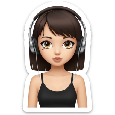 generate a pretty bratz girl in black cami top, dark brown straight bob hair with bangs, eyeliner on, listeninh to music sticker