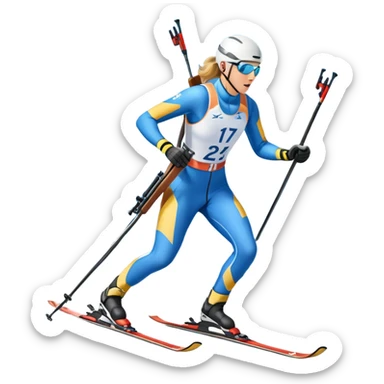 An icon featuring a biathlete in motion, holding a rifle and skiing across a snowy course. The backdrop includes snow-covered trees, distant mountains, and a clear blue sky. Transparent background highlights the precision, endurance, and excitement of biathlon. sticker