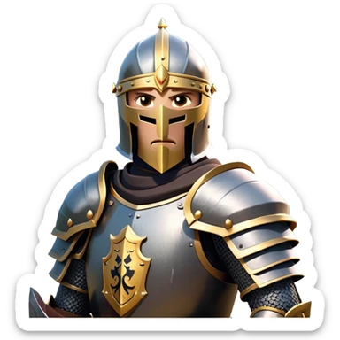 clash-of-clans-aesthetic_-cinematic-fearsome-and-majestic-knight-bust-portrait-emoji, rendered in a flat, vector-style with minimal shading and bold, simplified shapes, depicting a battle-ready medieval knight with steely eyes and intricate armor, mounted riding on a black warhorse reflecting sunlight over a misty battlefield. sticker
