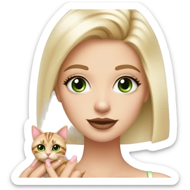 A girl with green eyes and blonde straight hair, and makeup nude lipstick  and eyelashes, oval light pink fingernails ,white top, holding a tortoiseshell cat with green eyes sticker