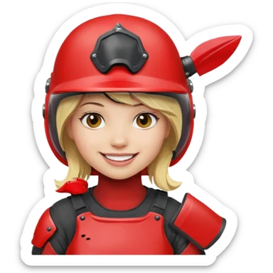 blond girl playing paintball with red paintball helmet, only face sticker