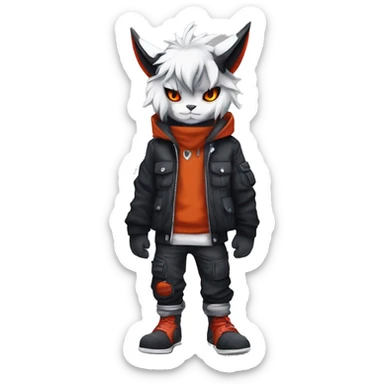 Cool Anthro Absol-Litten-Lynx-Pokémon with edgy stripes hoodie spiked collar punk techwear Cargo Pants Full Body sticker