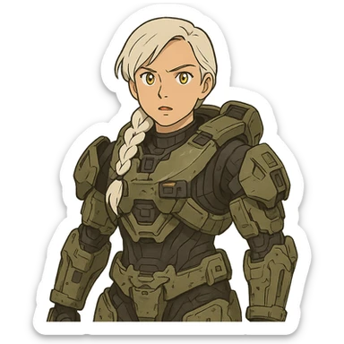 female, wearing reach spartan armor default, long white braid hair, gold yellow eyes, attention pose, halo series, no helmet sticker