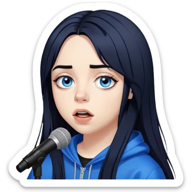 billie eilish long black hair blue eyes dark eyeliner makeup, singing sticker