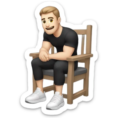 Pale skinned Fit Man With the biceps and dark brown hair in black shirt, gray sports shorts and white Sneakers Sitting on a chair sticker