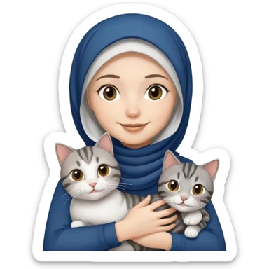 White girl wearing dark blue hijab with white shirt smiling while holding a black grey tabby cat sticker