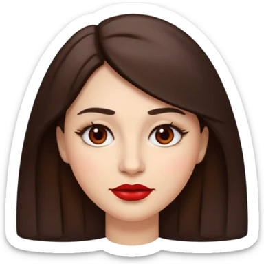 A woman emoji with fair skin, slightly wavy dark brown hair parted in the middle, an oval-shaped face, arched dark eyebrows, almond-shaped brown eyes, a small straight nose, and full lips with deep red lipstick. sticker