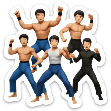 Icon for Action Movies: Collage of Arnold Schwarzenegger, Sylvester Stallone, Bruce Lee and Jackie Chan in iconic action poses, surrounded by explosions, weapons, and martial arts moves. The design should capture the high-energy, dynamic nature of their films. Transparent background. sticker