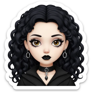 pale skin, goth bratz baddie, beautiful brown eyes, gothic black makeup, long black curly hair, black gothic hair styled, black goth clothes sticker