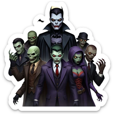Icon for Thriller Movies: A large, dramatic collage featuring sinister villains and zombies in dark clothing. The background shows the gloomy cityscape of Gotham with dim lighting and eerie shadows. The atmosphere should be tense, mysterious, and suspenseful. Transparent background. sticker