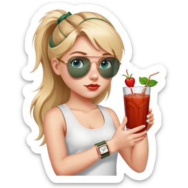 girl with long blond pigtailed hair
with blue eyes
and aviator sunglasses
wearing white tank top 
holding bloody mary
wearing (rose gold apple watch with forest green band) sticker