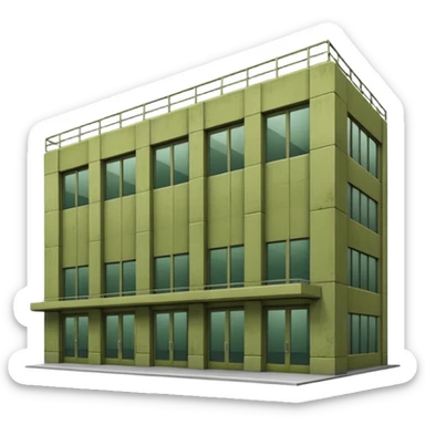 brutalist industrial factory building, military olive green color, large windows, industrial doors, no smoke, visually appealing, no weapons, no vehicles, not a house sticker
