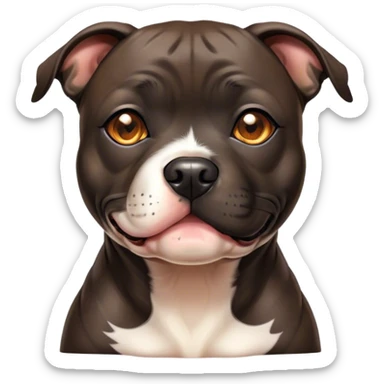 Cinematic Cute Black/Brindle Staffordshire Bull Terrier Portrait Emoji, Head tilted playfully and inquisitively, featuring a glossy Fur with a dynamic mix of black and brindle, round, sparkling dark eyes filled with curiosity, Simplified yet irresistibly adorable features, highly detailed, glowing with a warm, friendly glow, high shine, affectionate and spirited, stylized with a touch of whimsy, bright and endearing, soft glowing outline, capturing the essence of a mischievous yet loving pup, so playful it feels like it could bound out of the screen and into your arms! sticker