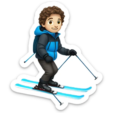 1 white Boy with wavy brown hair skiing with blue skis. He is wearing all black snow pants and a gray jacket   sticker