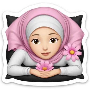 The image is a close-up selfie of a young woman wearing a white hijab. She is lying on her back with her head resting on a black pillow. She has a pink flower in her hair and is looking directly at the camera with a slight smile on her face sticker