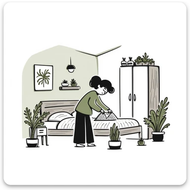 Organizing bedroom with olive green walls, wood bed, plants around, and wood closet sticker