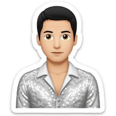 Danny Wood from NKOTB with black hair, white sequin outfit, light tan skin sticker