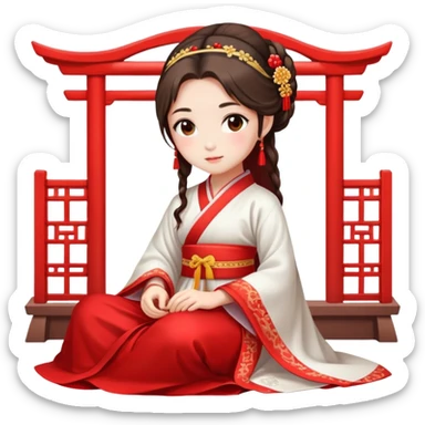 Beautiful girl wearing red Hanfu wedding dress sitting sticker