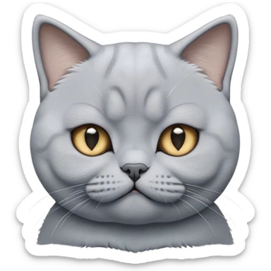 Cinematic Cute Bored Grey British Shorthair Cat Portrait Emoji, Head tilted slightly with a scrunched, bored expression, sleek soft grey fur with subtle blue undertones, Simplified yet adorable features, highly detailed, glowing with a soft, friendly glow, high shine, curious but clearly uninterested, stylized with a touch of whimsy, soft glowing outline, capturing the essence of a bored yet irresistibly cute kitty, so endearing it feels like it could tilt its head and let out a dramatic sigh at any moment! sticker