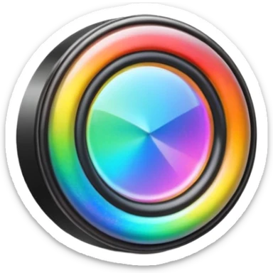 A speaker emoji 🔊 with a smooth CD-like surface that reflects rainbow iridescent colors, glowing RGB light ring around the edge, shiny plastic body, prismatic reflections shifting across the front, soft sparkles and light gleams, holographic sheen, clean simple shape, bright colorful highlights sticker