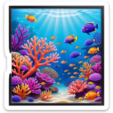 Cinematic Realistic Coral Reef Emoji in a wooden frame, Vibrant and alive, with colorful corals in hues of pink, purple, and orange, swaying gently with the underwater currents. Schools of tropical fish dart between the coral, with soft rays of sunlight piercing through the clear blue water above, creating a magical, serene underwater world. Soft glowing outline, capturing the essence of the bustling, colorful, and peaceful aquatic paradise. sticker
