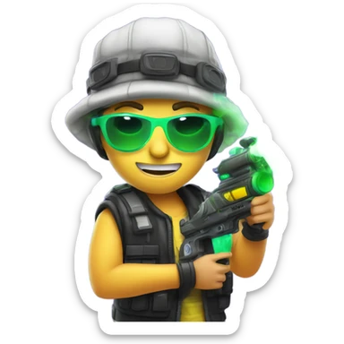 Caucasian boy in glowing rave gear with sunglasses and mask and hat and headlamp and shooting a bubble gun sticker