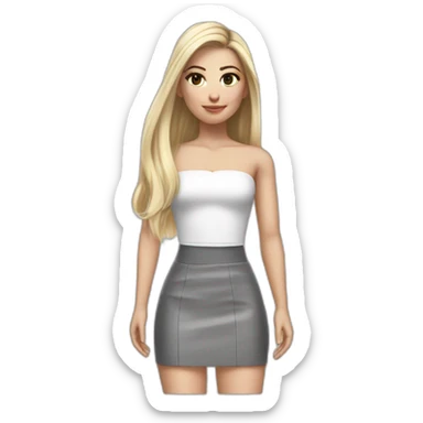 hyperrealist caucasian long straight hair blonde brown eyes strapless white low cut top gray tight mini skirt black shoes complete body sticker