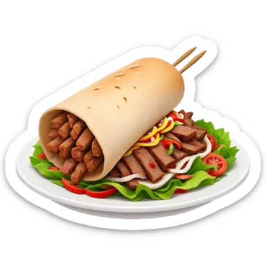 Cinematic Realistic Doner Kebab Dish Emoji, showcasing succulent, spiced meat shaved from a rotating spit rendered with lifelike detail and dynamic, appetizing lighting. sticker