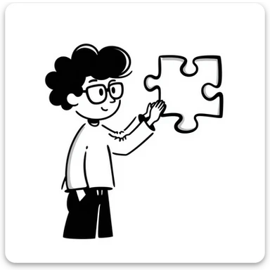 hand-drawn genius boy with wild hair, glasses, and a puzzle piece symbol sticker