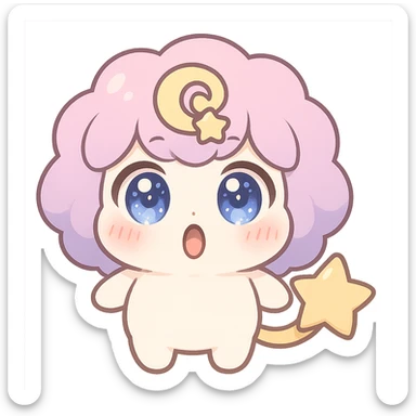 Stella Puff (星星噗噗) kawaii chibi style front view very surprised shocked expression, big sparkling glassy blue-violet eyes wide open, mouth in O shape, puffy pastel pink-purple gradient hair with yellow star swirl, creamy white round body, coral pink blush, short arms and legs, soft golden star tail, clean lines, transparent background sticker