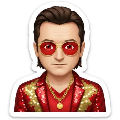 Bono with gold sequin jacket, red shirt with necklace, dark brown medium hair sticker