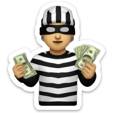 robber with blonde hair wearing a black beanie and a long sleeved white and black horizontally striped t-shirt and wearing black eye mask and holding a bag of money  sticker