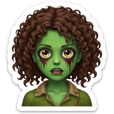 Faça uma garota zombie de cabelo cacheado castanho, olhos castanhos escuro e pele verde d zombie, com o cabelo grande sticker