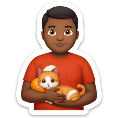 Indian black chubby guy with black middle parted hair in red t-shit with orange cat sticker