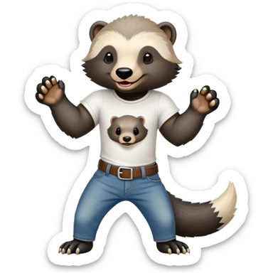 mischievous anthropomorphised honey badger in jeans and a t-shirt, playful expression sticker