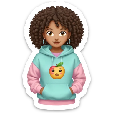 br Black girl, clean girl aesthetic, 4C curly hair in a puff, pastel hoodie, white sneakers, minimal jewelry, soft smile, cozy vibe, bright colors, Apple-style emoji sticker