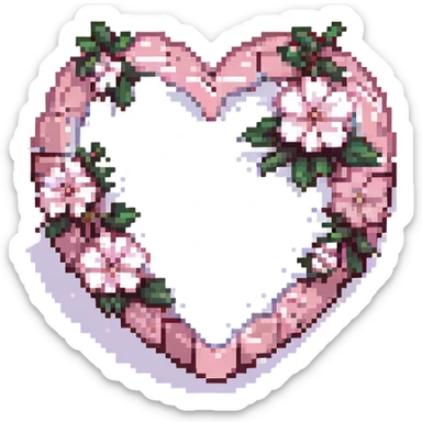 heart with sakura flowers and silver accents, pixel art style sticker