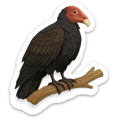 very detailed turkey vulture perched on a tree branch, intricate cut paper textures, dark brown and black feathers, red bald head, realistic markings sticker