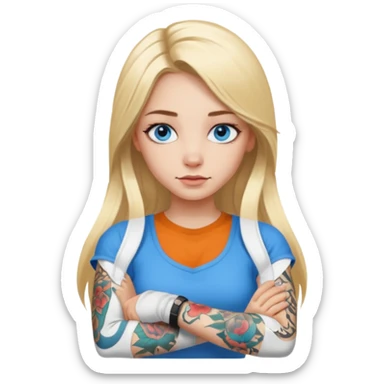 blue eyes girl with long blonde hair and tattoos on arms sticker