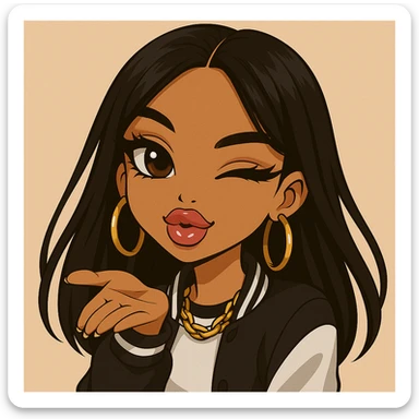 Remove any hats, ensure she is winking while blowing a kiss, headshot only, 20-year-old anime Bratz style woman with dark skin, dark hair, trendy streetwear, big expressive eyes, glossy lips, happy expression, no tears. Style: anime Bratz. sticker