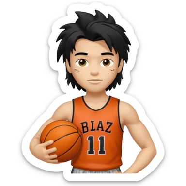 generate a pretty fair bratz boy with a long messy mullet (black hair), carrying a basketball in one hand. Smirking .  Lean but biceps sticker