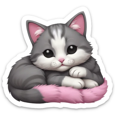 dark grey and white small cat with eyes closed, leaning his head on his paw while leaning on his elbow lying down sticker