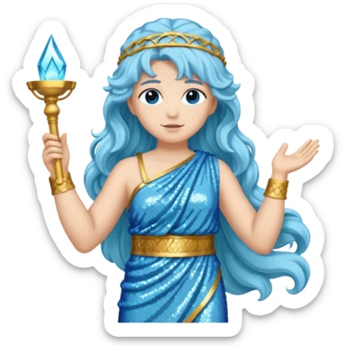 Athena from Roman Deities with long light blue wavy hair, light blue sequin toga sticker