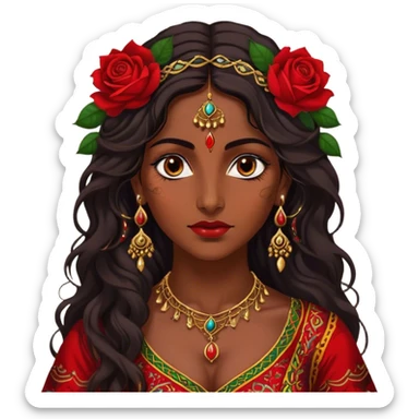 A beautiful Romani woman with deep, expressive eyes and long, wavy dark hair. She wears a vibrant, traditional outfit with intricate patterns and golden jewelry. A single red rose is tucked behind one ear, adding a touch of elegance. Her expression is confident and mysterious, with warm lantern light casting a soft glow on her face, evoking a sense of freedom and passion sticker