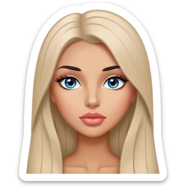Glamours, tanned, very beautiful girl, with big pump peach-beige-rose lips, long long lashes, black straight smooth silky long hair, straight parting hair, blue-grey eyes sticker