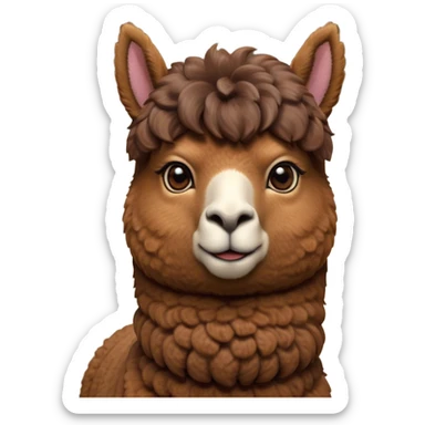 Cinematic Noble Brown Alpaca Portrait Emoji, Poised and regal, with a sturdy, graceful build and a rich, well-groomed brown fleece, deep-set soulful warm eyes, Simplified yet sharp and sophisticated features, highly detailed, glowing with a soft, dignified glow, high shine, intelligent and serene, stylized with an air of pastoral elegance, focused and attentive, soft glowing outline, capturing the essence of a watchful and confident companion, so majestic it feels as though it could stride out of the screen with effortless authority! sticker