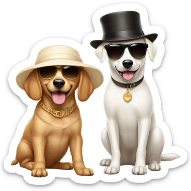 A tan dog with sunglasses next to a slightly smaller white dog with a hat sticker